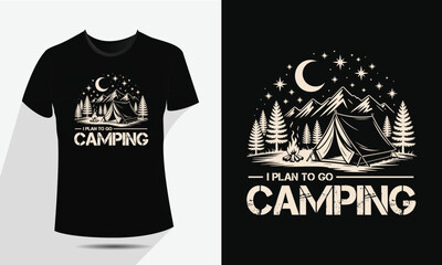 Vintage Camping and Mountain T-Shirt Design, Vector Outdoor Nature Adventure Badge with Tent, Fire, and Moon
