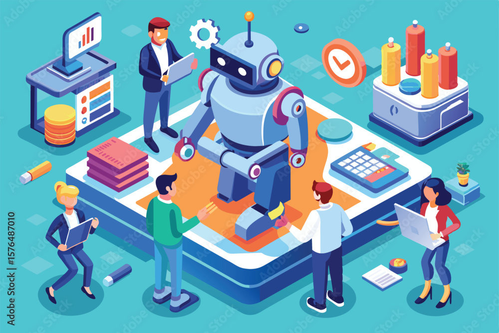 Poster a diverse team working together with a large robot in a modern office setting. representations of da