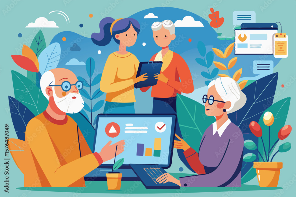 Poster illustration of a diverse group collaborating in an office, focusing on team efficiency and communic