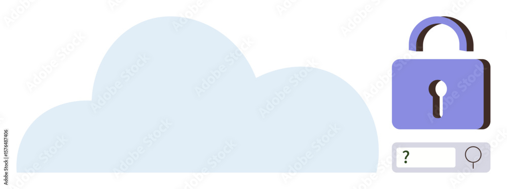 Poster cloud with locked padlock and search bar emphasizing privacy, cybersecurity, and data encryption. id