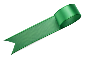 A close up shot of a vibrant green ribbon with a rolled end and a pointed tail on a white background on transparent background