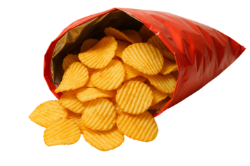 Crunchy Ridged Potato Chips in a Glossy Red Packaging Bag with Open Spill Displayed on Clear Background