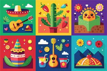Obraz premium Vibrant Mexican culture illustrations featuring traditional symbols like sombrero, guitar, and flowers. Captures festive and lively themes with bright colors and bold designs.
