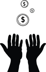 Black silhouette of two hands reaching up towards three falling coins with dollar signs on them above them