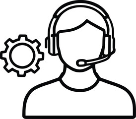Outline of person with headset and gear icon representing technical support and assistance services