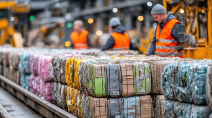 Recyclers Working Among Compressed Waste Bales