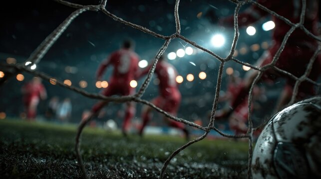 Night football match from behind the goal - Powered by Adobe