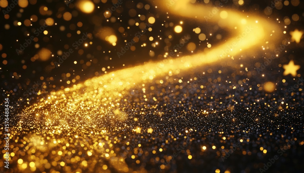 Poster glimmering path of magic gold dust with star shaped sparkles on a dark background: a realistic circl