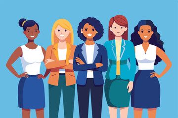 Obraz premium Illustration of five diverse women standing confidently together, dressed in business attire, showcasing empowerment and teamwork in a professional setting.