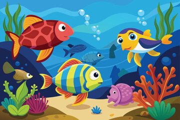 Naklejka premium An illustrated underwater scene featuring colorful cartoon fish exploring a vibrant coral reef. Captivating and playful oceanic setting ideal for childrens content and educational materials.
