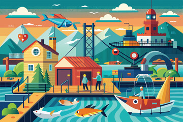 Vibrant illustration depicting a fishing village by the sea, featuring colorful buildings, boats, and picturesque mountains. Ideal for concepts of community life, nature, and adventure.