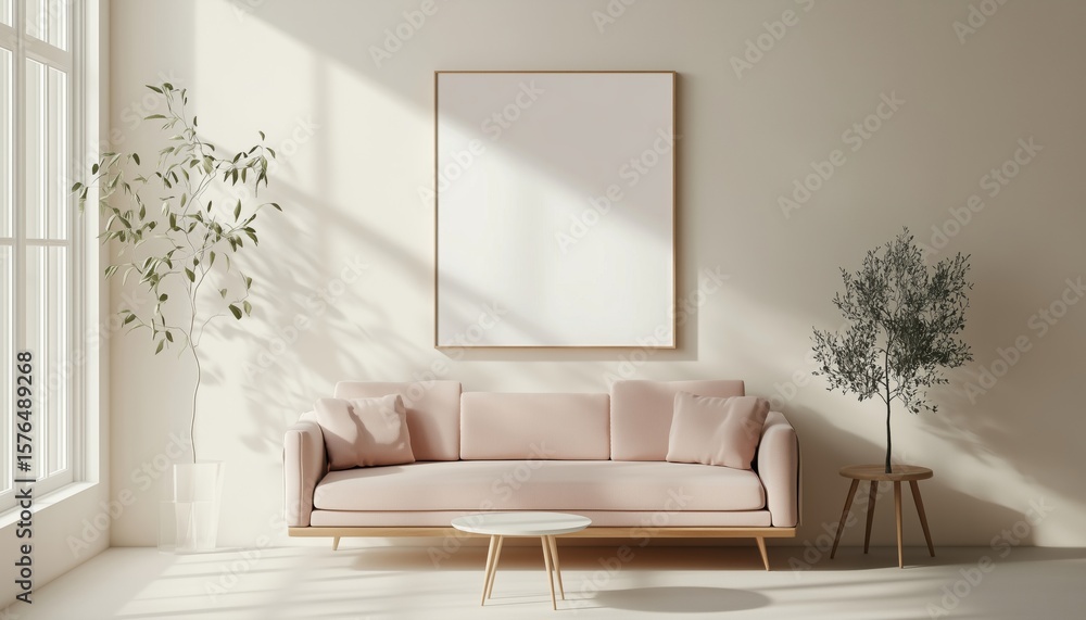 Poster sofa and low table on beige wall: square poster mock up rendering showcases a modern and minimalist 
