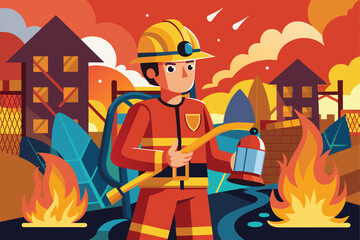 Naklejka premium Colorful illustration of a firefighter heroically battling flames in a city setting, representing courage and emergency response. Perfect for safety, rescue, and emergency themed projects.