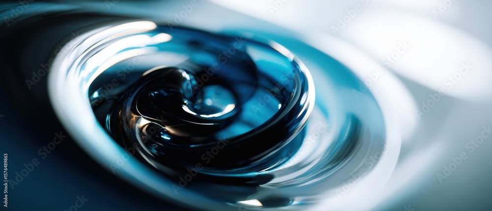 Poster close-up of swirling dark blue liquid creating dynamic ripples and reflections in a glossy surface w
