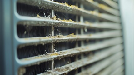 The close -up of the contaminated grate of the air conditioner with accumulated dust and web on metal lamella. The topic of materials about cleanliness, maintenance of equipment
