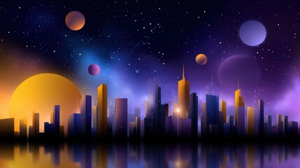 Fototapeta premium Futuristic city skyline at night with glowing skyscrapers vibrant cosmic planets and stars in outer space scene digital illustration