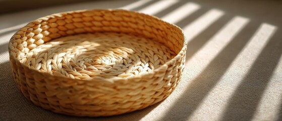 Fototapeta premium Handmade woven basket with intricate craftsmanship showcasing natural fibers and detailed weaving technique in warm sunlight casting shadows on a neutral surface
