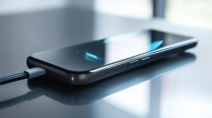 A modern smartphone with a glossy screen lies on a smooth surface connected to a charger. Topics related to technologies, gadgets and everyday digital life.
