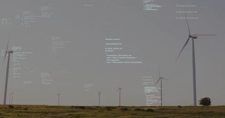 Programming code panels emerging over wind turbines initiating live data visualization across plain - Powered by Adobe