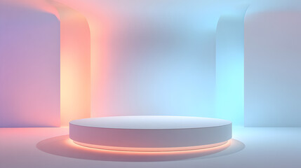 Fototapeta premium Clean, round, empty plate design on a podium stage with a blue spotlight