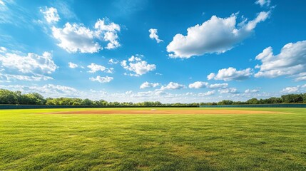 Fototapeta premium Sunny day at a baseball field with green grass and blue sky.
