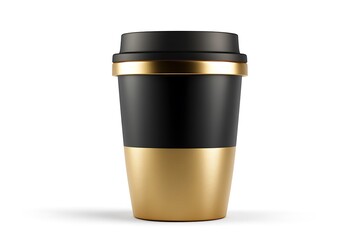 Sleek black and gold coffee cup presents an elegant design on a clean white background, ready for branding.