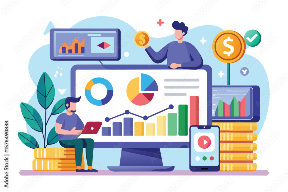 Fototapete illustration of financial data analysis using digital charts and graphs. features people interacting