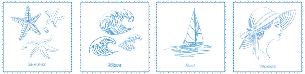 Obraz premium Hand-Drawn Summer Elements Vector Pack – Starfish, Ocean Waves, Sailboat & Stylish Woman in Hat – Monochrome Doodle Illustrations