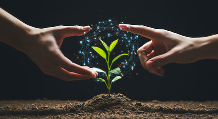 Two hands connecting digital data around a growing plant symbolic of growth and technology