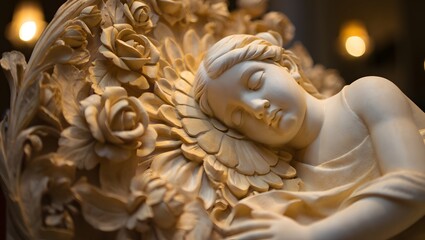 Marble Statue of Sleeping Woman Surrounded by Floral Details