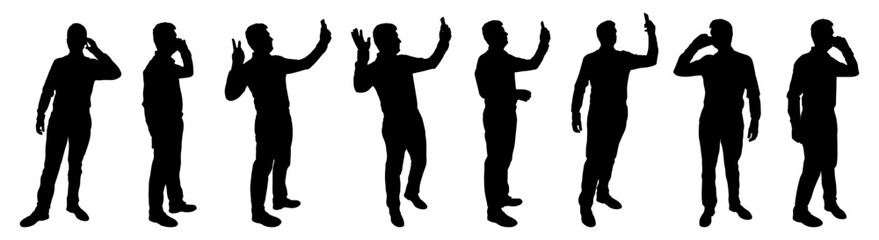 Silhouette of talking businessman by mobile phone, set. Vector illustration.