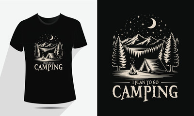 Vintage Camping and Mountain T-Shirt Design, Vector Outdoor Nature Adventure Badge with Tent, Fire, and Moon