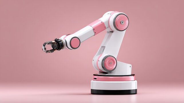 Modern pink and white robotic arm with multiple joints and articulated end effector, set against a soft pink background, showcasing advanced industrial automation technology