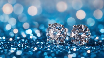 Fototapeta premium Close-up of two sparkling diamond stud earrings on a blue glitter background.