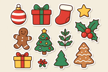 Cute Christmas Sticker Collection – Holiday Decorations, Gifts, Gingerbread and Trees in Vector Style