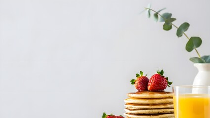Stack of Pancakes with Strawberries and Orange Juice Breakfast Still Life