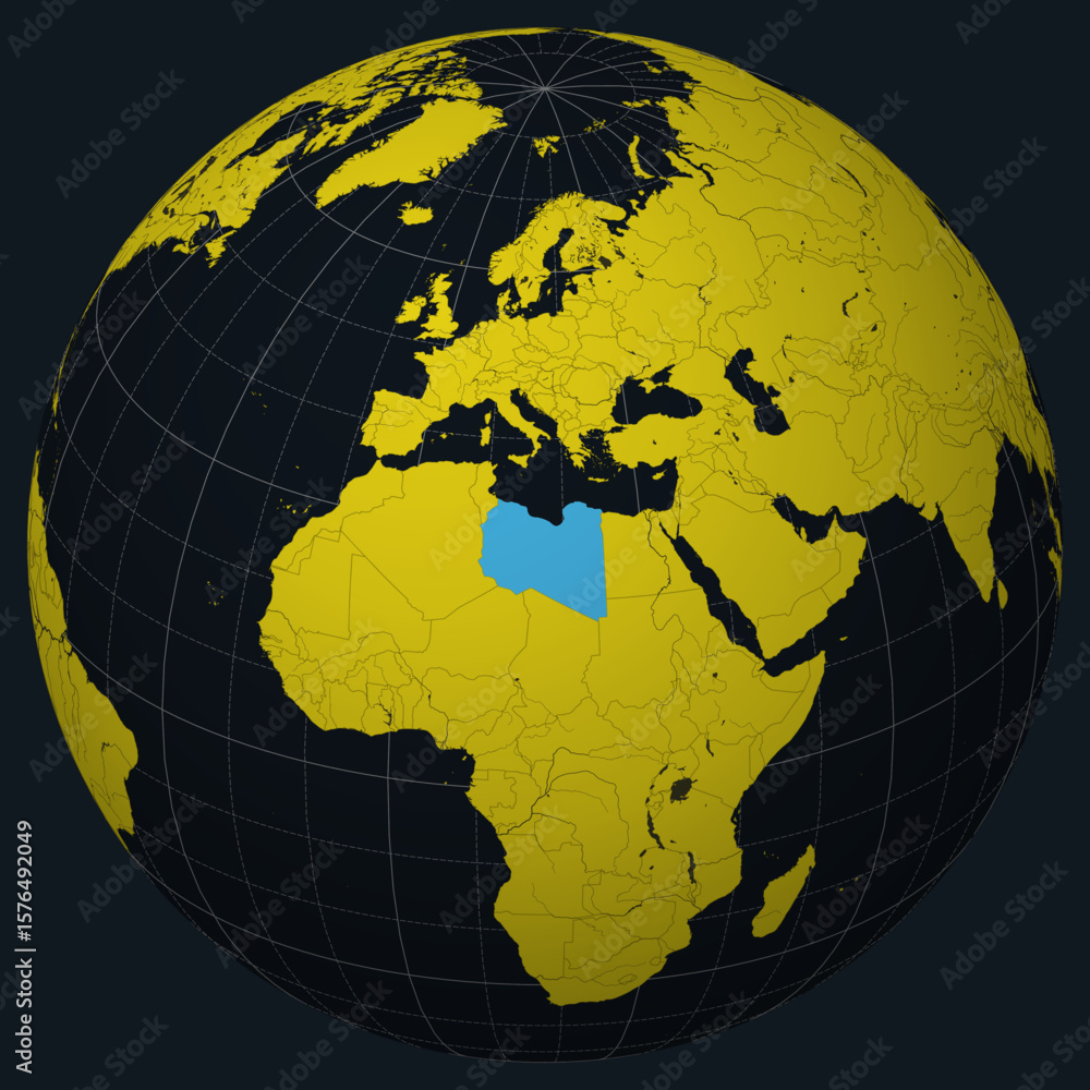 Poster libya on globe. country view on the world map in charcoal bright yellow color palette. libya shape o