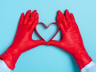 Doctor's hands in red medical gloves in shape of heart 