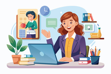 Fototapeta premium Illustration of a woman engaging in remote work, interacting online through a laptop. The scene emphasizes digital communication, productivity, and education in a home office setting.