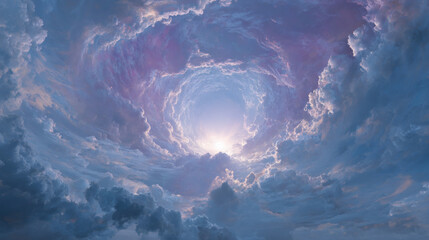 Stunning celestial view of a cloud tunnel with the bright sun in the center