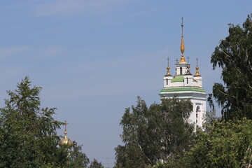 View of the church domes in the village of Konstantinovo, Rybnovsky district, Ryazan region