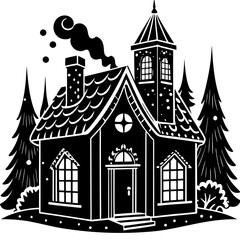 Whimsical black and white silhouette of a cozy winter cabin surrounded by trees