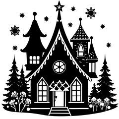 Whimsical black and white silhouette of a cozy winter cabin surrounded by trees