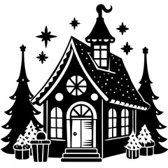 Whimsical black and white silhouette of a cozy winter cabin surrounded by trees