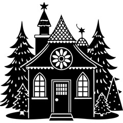 Whimsical black and white silhouette of a cozy winter cabin surrounded by trees