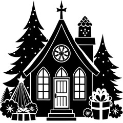 Whimsical black and white silhouette of a cozy winter cabin surrounded by trees