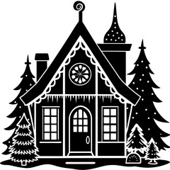 Whimsical black and white silhouette of a cozy winter cabin surrounded by trees