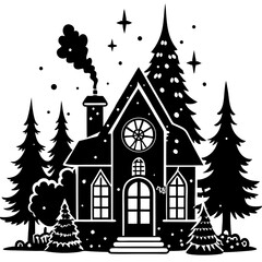 Whimsical black and white silhouette of a cozy winter cabin surrounded by trees
