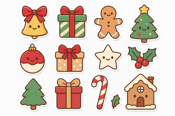 Cute Christmas Sticker Collection – Holiday Decorations, Gifts, Gingerbread and Trees in Vector Style