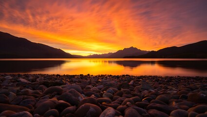 Dramatic Sunset Reflection Over Mountain Lake - Serene Landscape